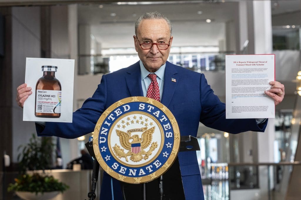 U. S. Senator Charles Schumer speaks during briefing on drug Xylazine, sometimes called the zombie drug, linked to overdose deaths at 875 3rd Avenue lobby in New York on March 26, 2023.