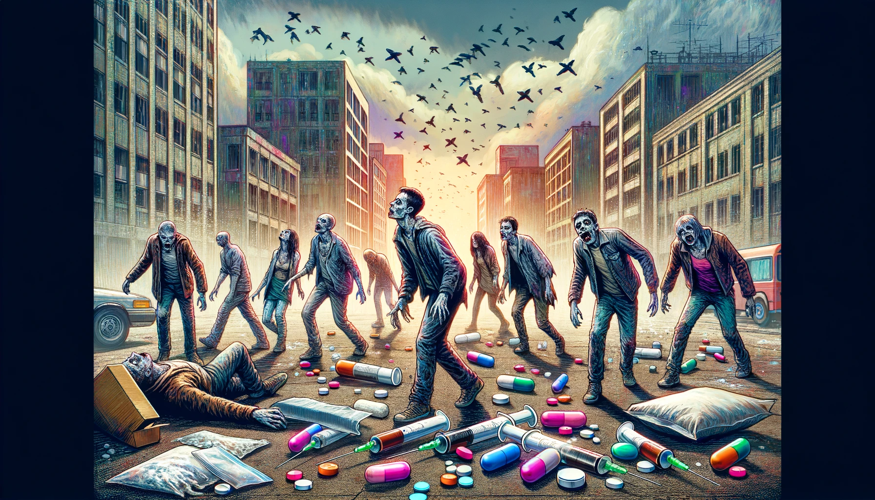 Zombies surrounding a pile of xylazine, or the zombie drug.